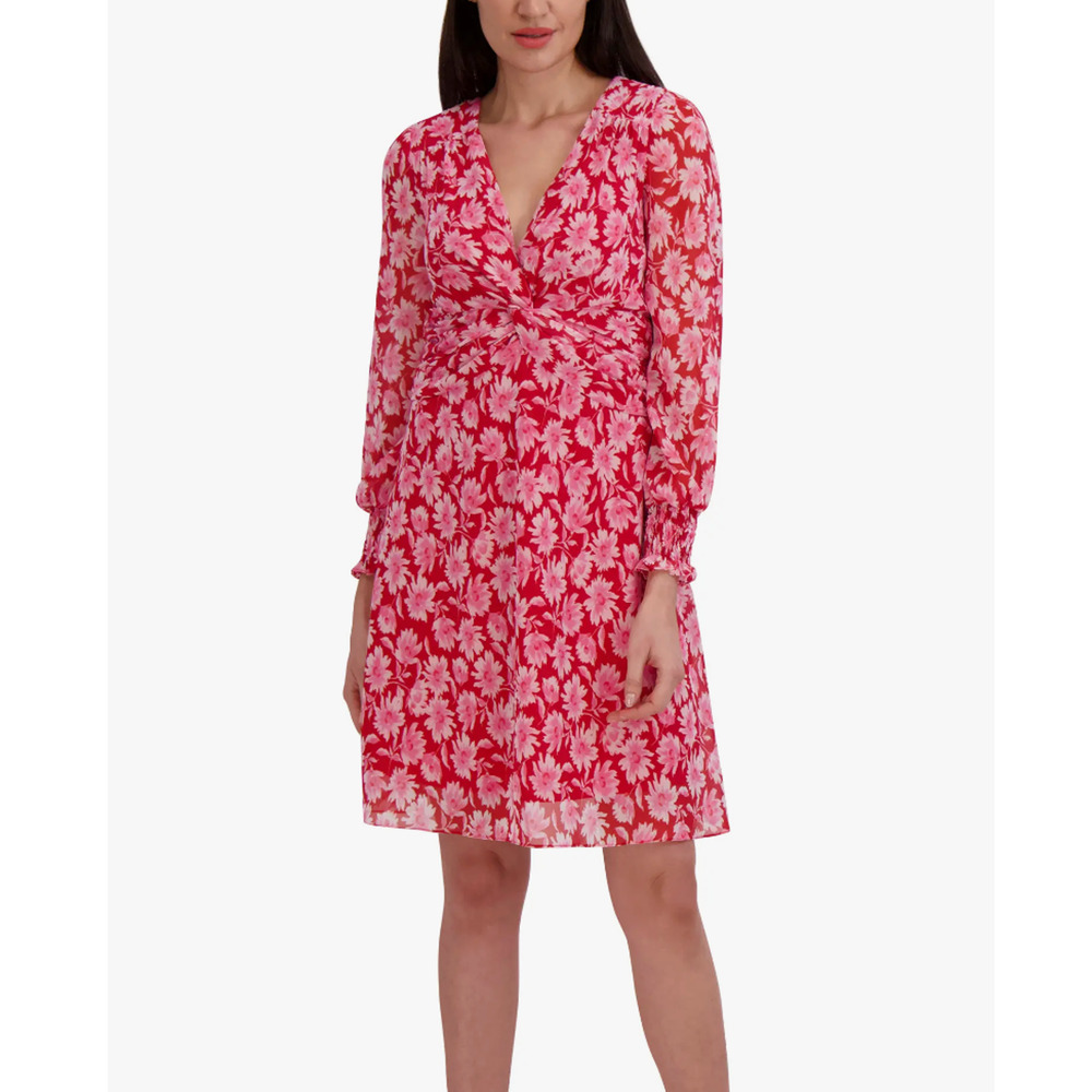 Julia Jordan Floral Long Sleeve Tie Back Dress Pink Chiffon V Neck Size 2